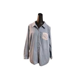 New Directions Womens Sz 2X Button Up Chambray Blouse Lace Pocket Cabin Core